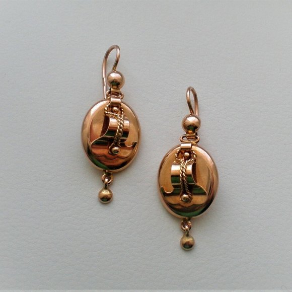Antique Vintage Russian USSR 14K 583 Rose Pink Gold 3D Dangle Drop EARRINGS # 2